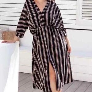 Uma and Leopold Anita Striped Midi Kaftan Dress  Black White Mustard Medium